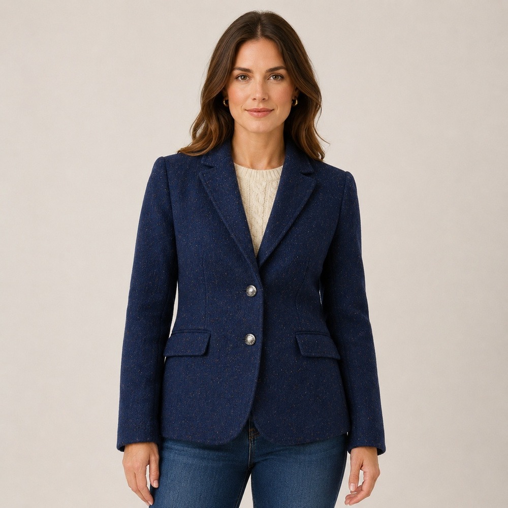 Talbots Blazer Blue Speckled 2 Crest Buttons Wool Blend Classic Size 4 Academia